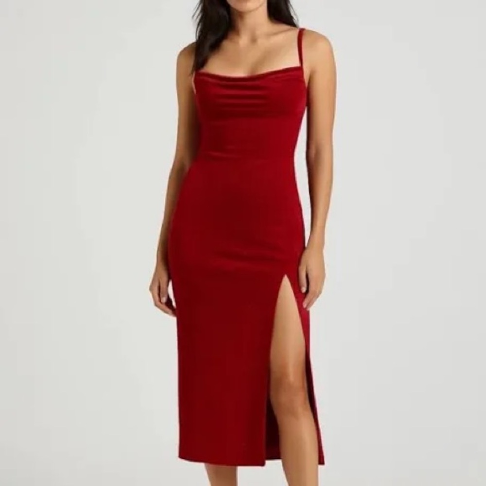 Windsor Red Bodycon Midi Dress with Slit and Cowl Neck